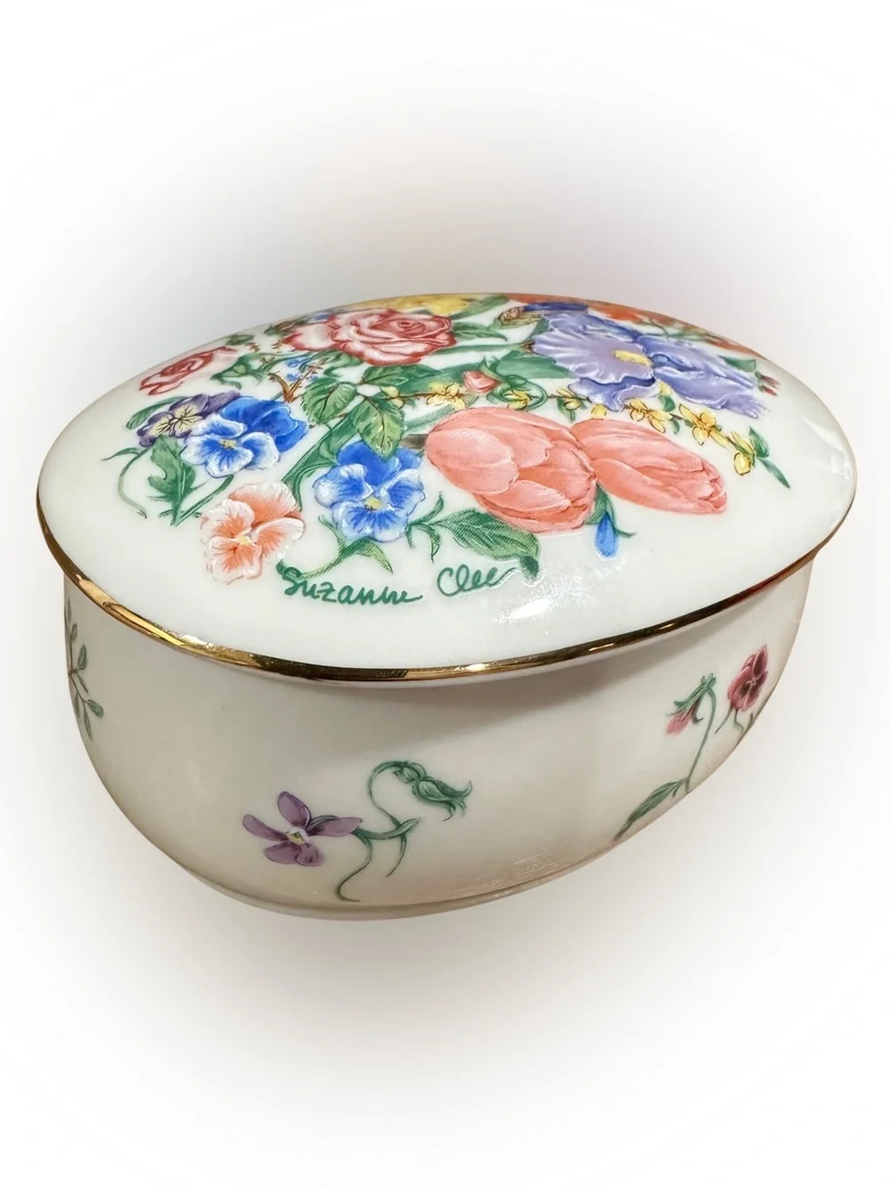 Floral Porcelain Trinket Box - White with Multicolor Flowers